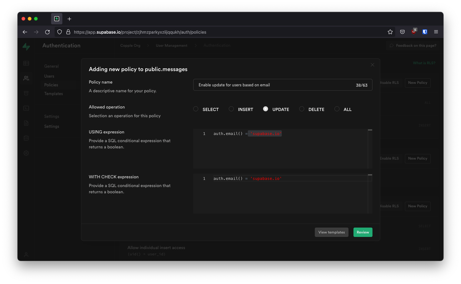 New editor for Row Level Security